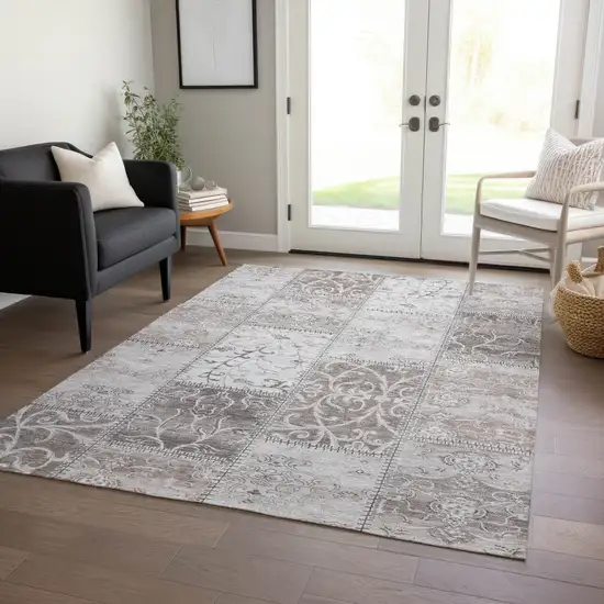 Taupe Patchwork Washable Non Skid Area Rug With UV Protection Photo 9