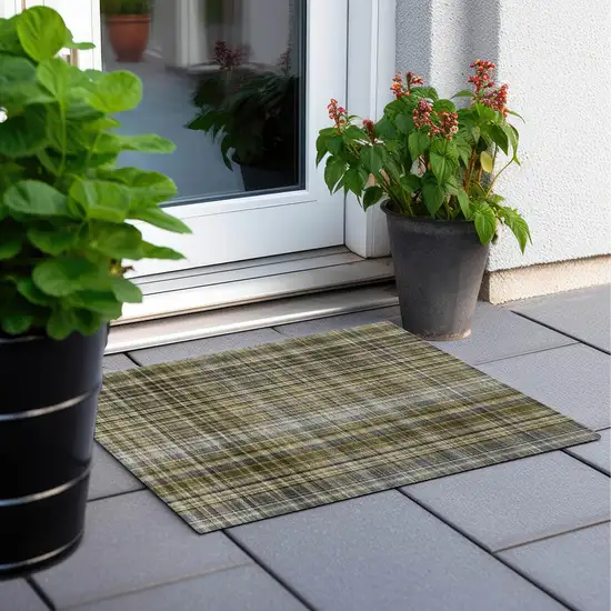 Green Beige and Gray Plaid Washable Non Skid Indoor Outdoor Area Rug Photo 8