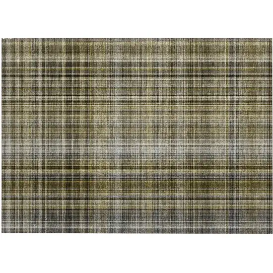 Green Beige and Gray Plaid Washable Non Skid Indoor Outdoor Area Rug Photo 2