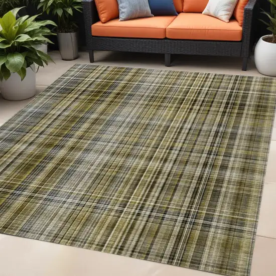 Green Beige and Gray Plaid Washable Non Skid Indoor Outdoor Area Rug Photo 1