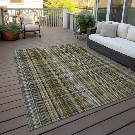 Green Beige and Gray Plaid Washable Non Skid Indoor Outdoor Area Rug Photo 9