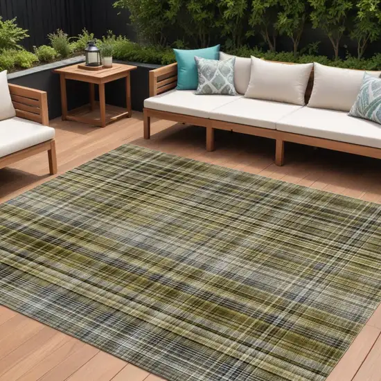 Green Beige and Gray Plaid Washable Non Skid Indoor Outdoor Area Rug Photo 1