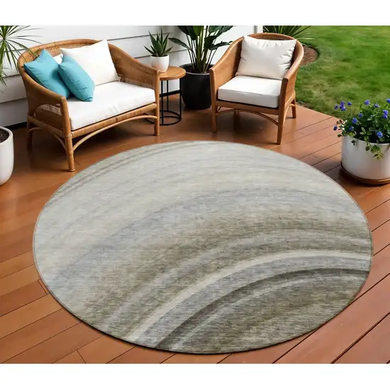 Taupe Round Abstract Washable Non Skid Indoor Outdoor Area Rug Photo 1