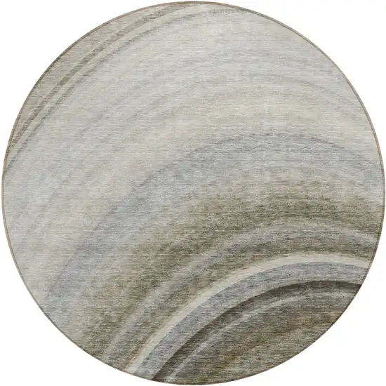 Taupe Round Abstract Washable Non Skid Indoor Outdoor Area Rug Photo 2