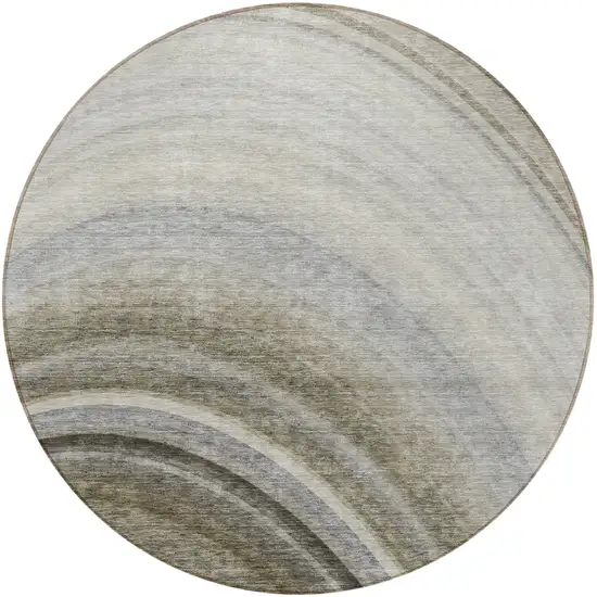 Taupe Round Abstract Washable Non Skid Indoor Outdoor Area Rug Photo 4