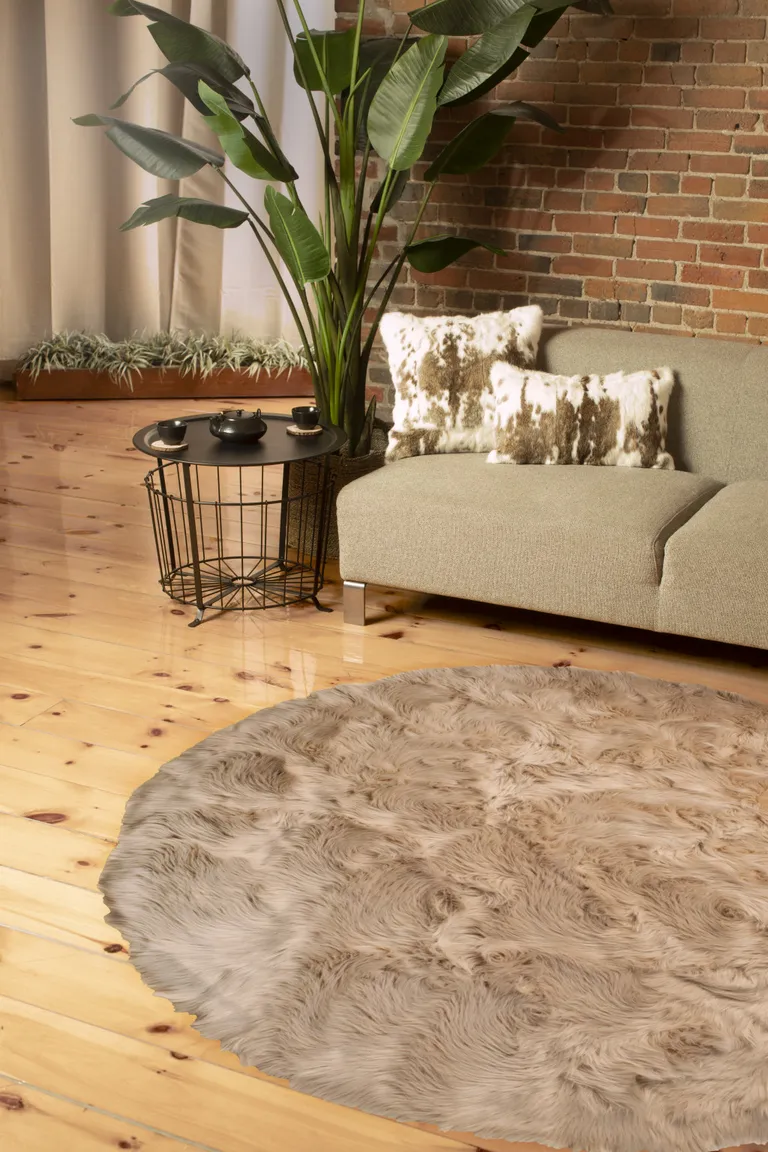 Taupe Round Faux Fur Washable Non Skid Area Rug Photo 4