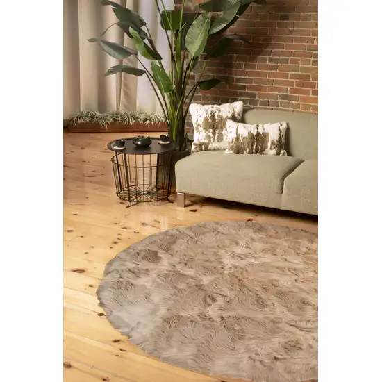 Taupe Round Faux Fur Washable Non Skid Area Rug Photo 4