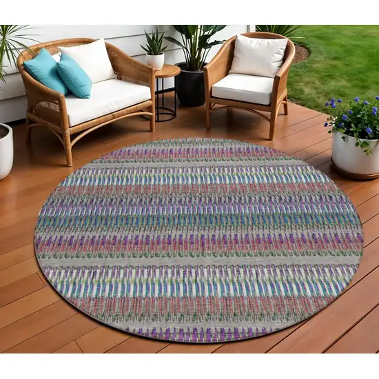 8' Taupe Purple And Blue Round Striped Washable Indoor Outdoor Area Rug Photo 1