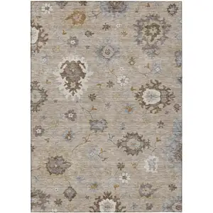 Photo of Taupe Silver And Gray Floral Washable Indoor Outdoor Area Rug