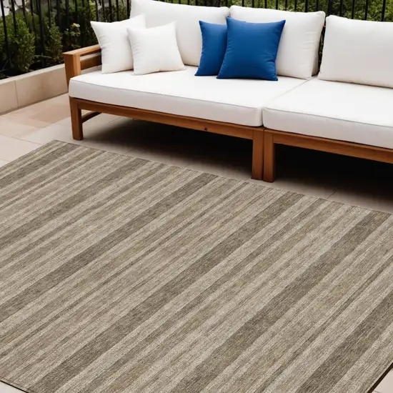 Taupe Striped Washable Indoor Outdoor Area Rug Photo 1