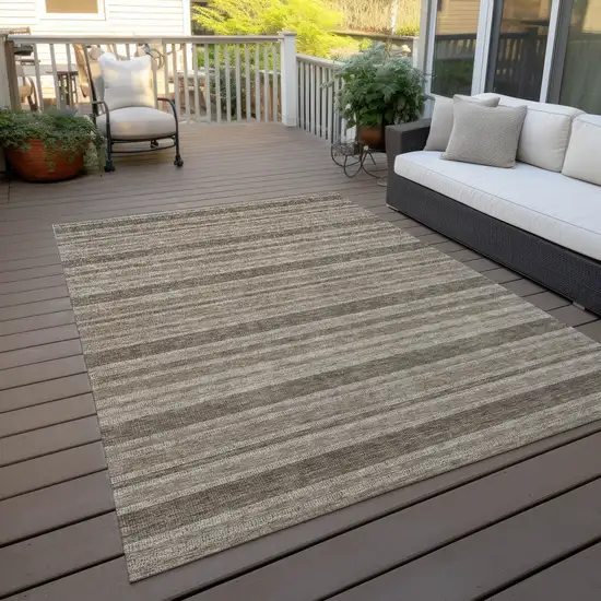 Taupe Striped Washable Indoor Outdoor Area Rug Photo 9