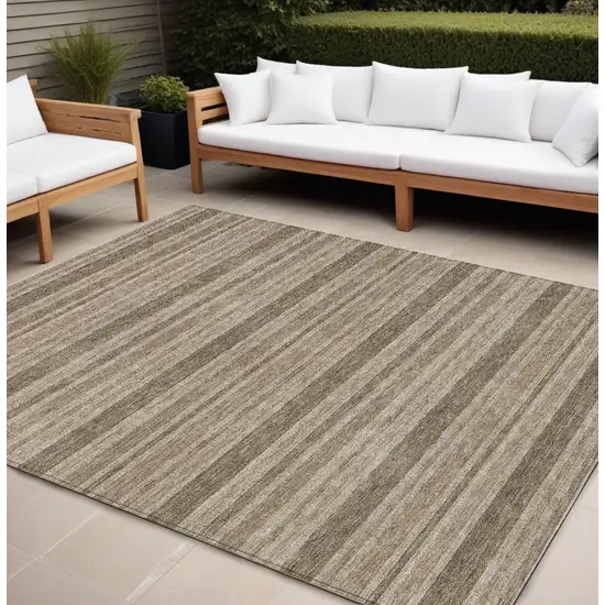 Taupe Striped Washable Non Skid Indoor Outdoor Area Rug Photo 1