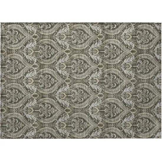 Taupe and Beige Damask Washable Non Skid Indoor Outdoor Area Rug Photo 4