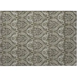 Photo of Taupe and Beige Damask Washable Non Skid Indoor Outdoor Area Rug