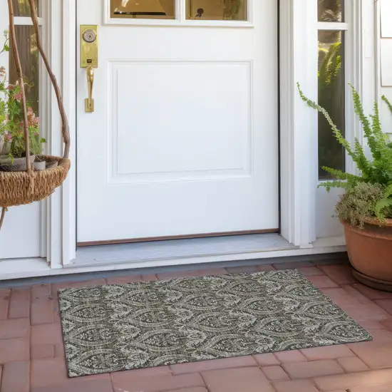 Taupe and Beige Damask Washable Non Skid Indoor Outdoor Area Rug Photo 8