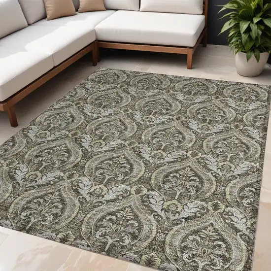 Taupe and Beige Damask Washable Non Skid Indoor Outdoor Area Rug Photo 1