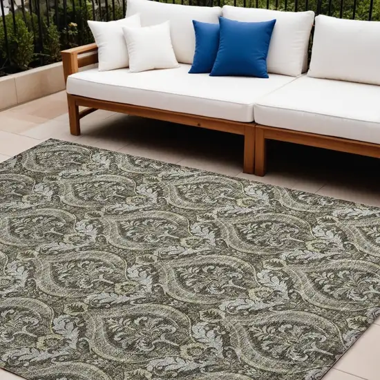 Taupe and Beige Damask Washable Non Skid Indoor Outdoor Area Rug Photo 1