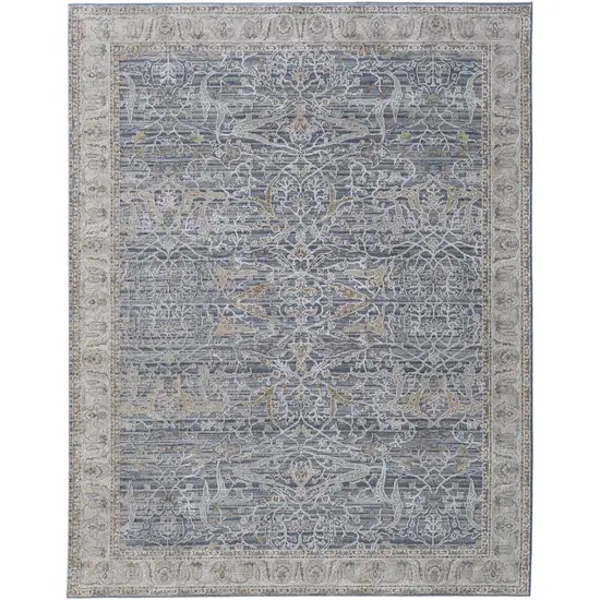 Taupe and Blue Ikat Power Loom Worn Faded Area Rug With Fringe Photo 2