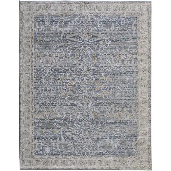 Taupe and Blue Ikat Power Loom Worn Faded Area Rug With Fringe Photo 5