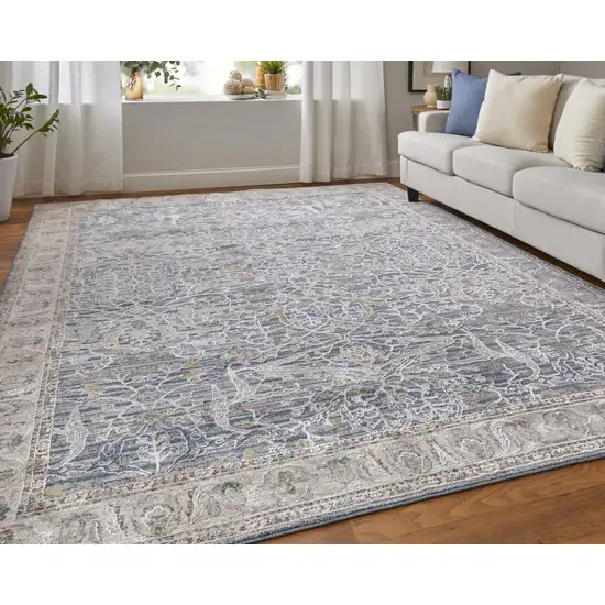 Taupe and Blue Ikat Power Loom Worn Faded Area Rug With Fringe Photo 8