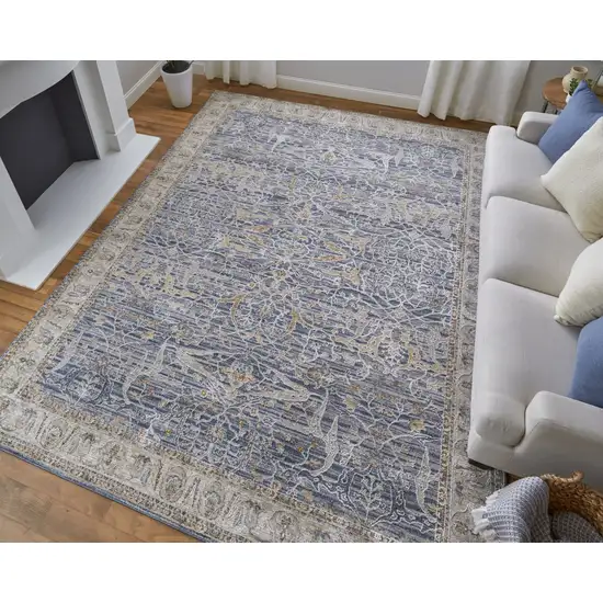 Taupe and Blue Ikat Power Loom Worn Faded Area Rug With Fringe Photo 9