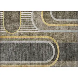 Photo of Taupe and Gray Abstract Washable Non Skid Indoor Outdoor Area Rug