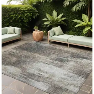 Photo of Taupe and Gray Abstract Washable Non Skid Indoor Outdoor Area Rug