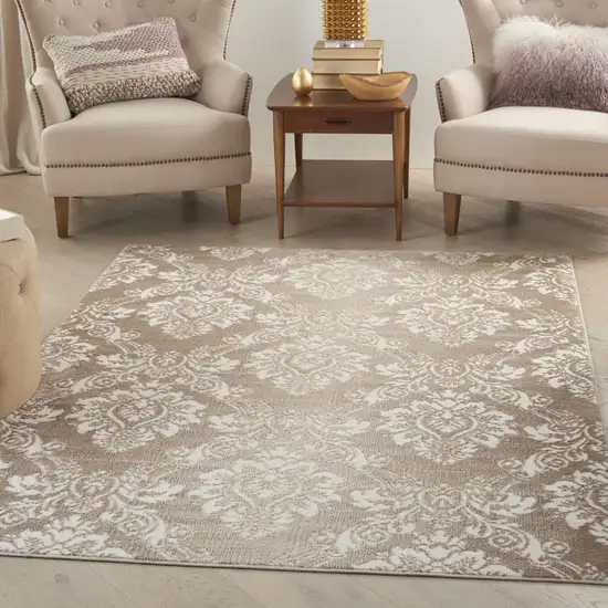 Taupe and Ivory Damask Distressed Non Skid Area Rug Photo 9