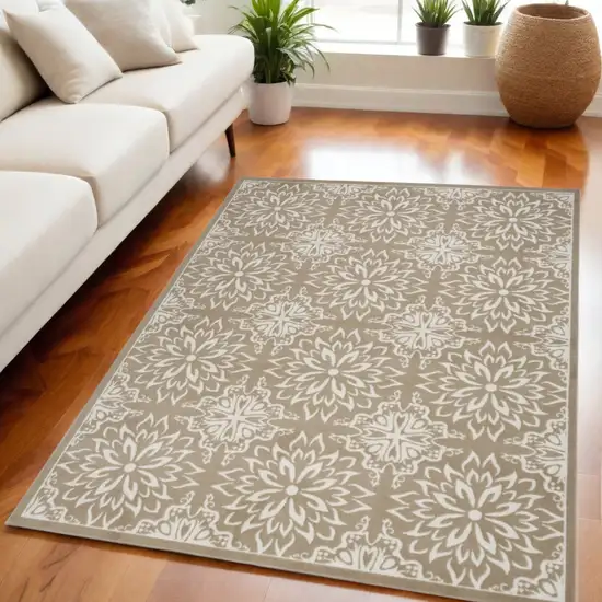 Taupe and Ivory Floral Medallion Non Skid Area Rug Photo 1