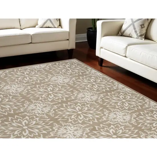 Taupe and Ivory Floral Non Skid Area Rug Photo 1