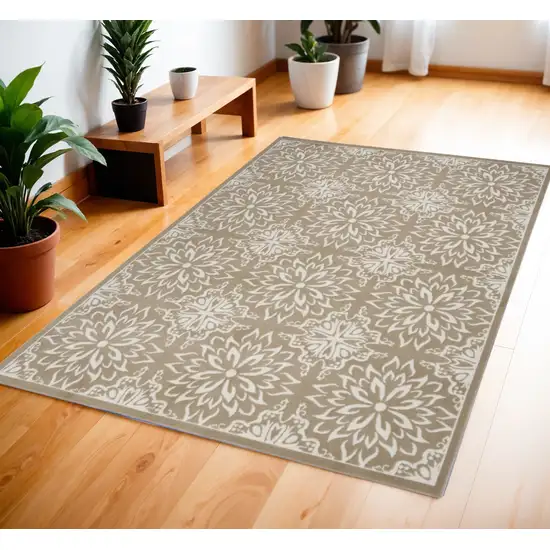 Taupe and Ivory Floral Non Skid Area Rug Photo 1