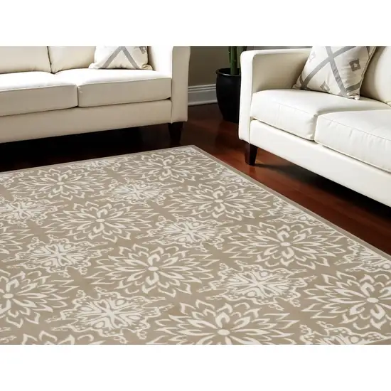 Taupe and Ivory Floral Non Skid Area Rug Photo 1