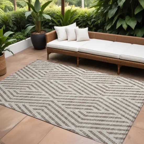 Taupe and Ivory Geometric Washable Non Skid Indoor Outdoor Area Rug Photo 1