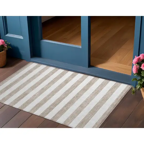 Taupe and White Striped Washable Indoor Outdoor Area Rug Photo 1