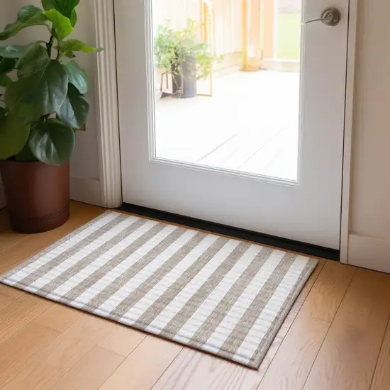 Taupe and White Striped Washable Indoor Outdoor Area Rug Photo 7