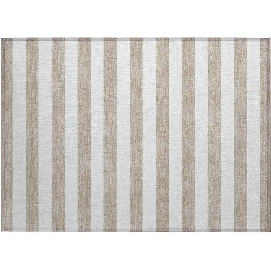 Taupe and White Striped Washable Indoor Outdoor Area Rug Photo 2