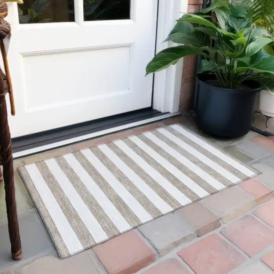 Taupe and White Striped Washable Indoor Outdoor Area Rug Photo 6