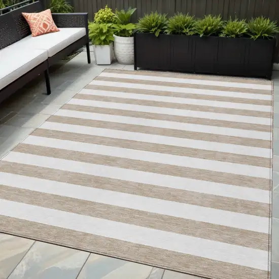 Taupe and White Striped Washable Indoor Outdoor Area Rug Photo 1