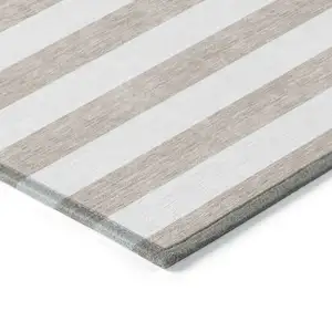 Photo of Taupe and White Striped Washable Non Skid Indoor Outdoor Area Rug