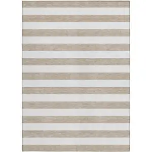 Photo of Taupe and White Striped Washable Non Skid Indoor Outdoor Area Rug