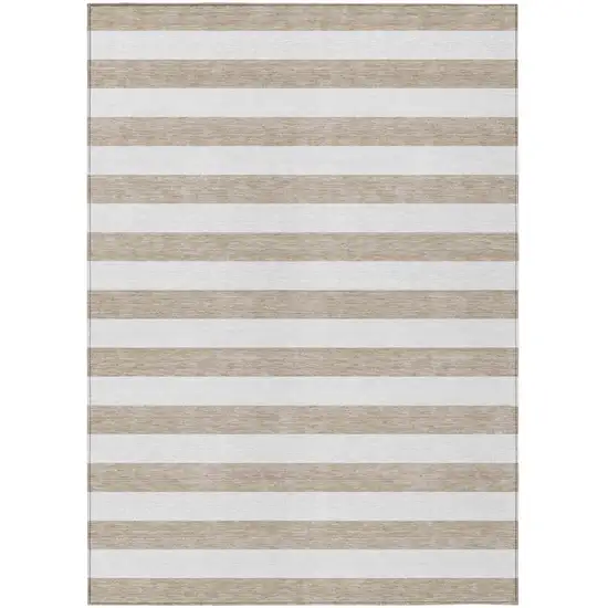 Taupe and White Striped Washable Indoor Outdoor Area Rug Photo 2