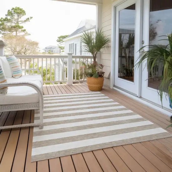 Taupe and White Striped Washable Indoor Outdoor Area Rug Photo 6