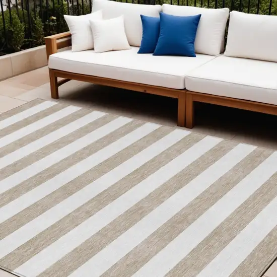 Taupe and White Striped Washable Indoor Outdoor Area Rug Photo 1