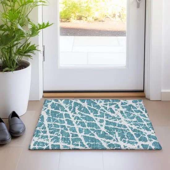 Teal Abstract Washable Non Skid Indoor Outdoor Area Rug Photo 9