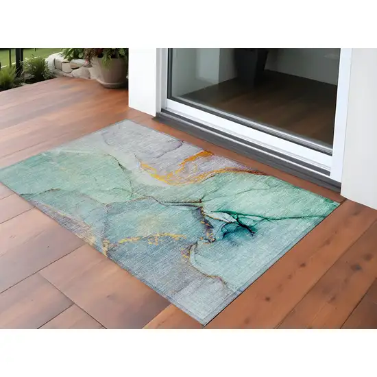 Teal Abstract Washable Non Skid Indoor Outdoor Area Rug Photo 1