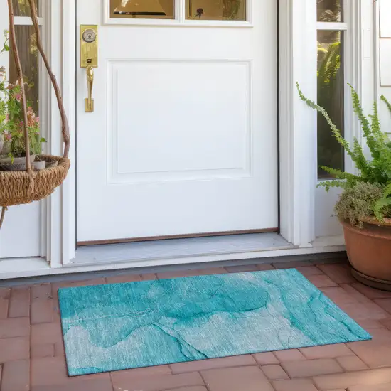 Teal Abstract Washable Non Skid Indoor Outdoor Area Rug Photo 8