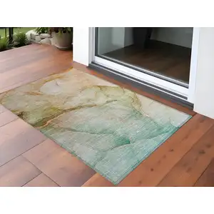 Photo of Teal Abstract Washable Non Skid Indoor Outdoor Area Rug