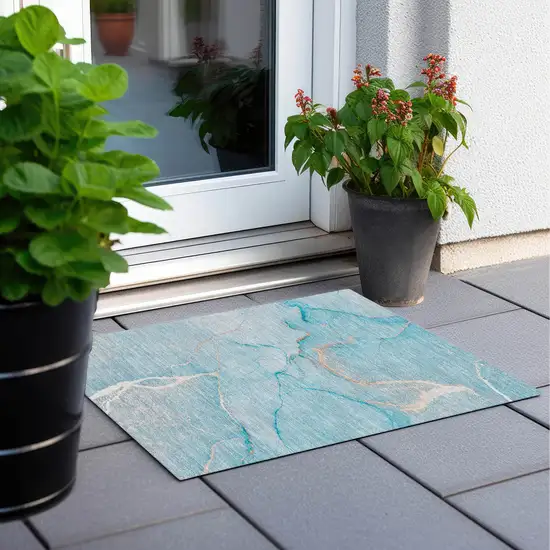 Teal Abstract Washable Non Skid Indoor Outdoor Area Rug Photo 8