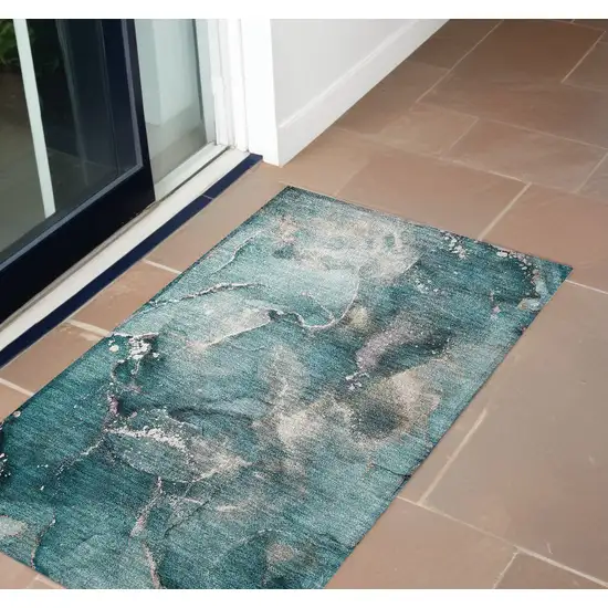 Teal Abstract Washable Non Skid Indoor Outdoor Area Rug Photo 1