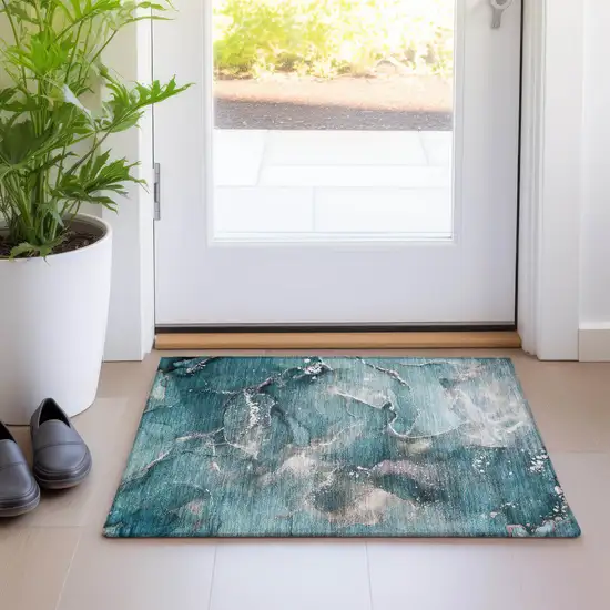 Teal Abstract Washable Non Skid Indoor Outdoor Area Rug Photo 9